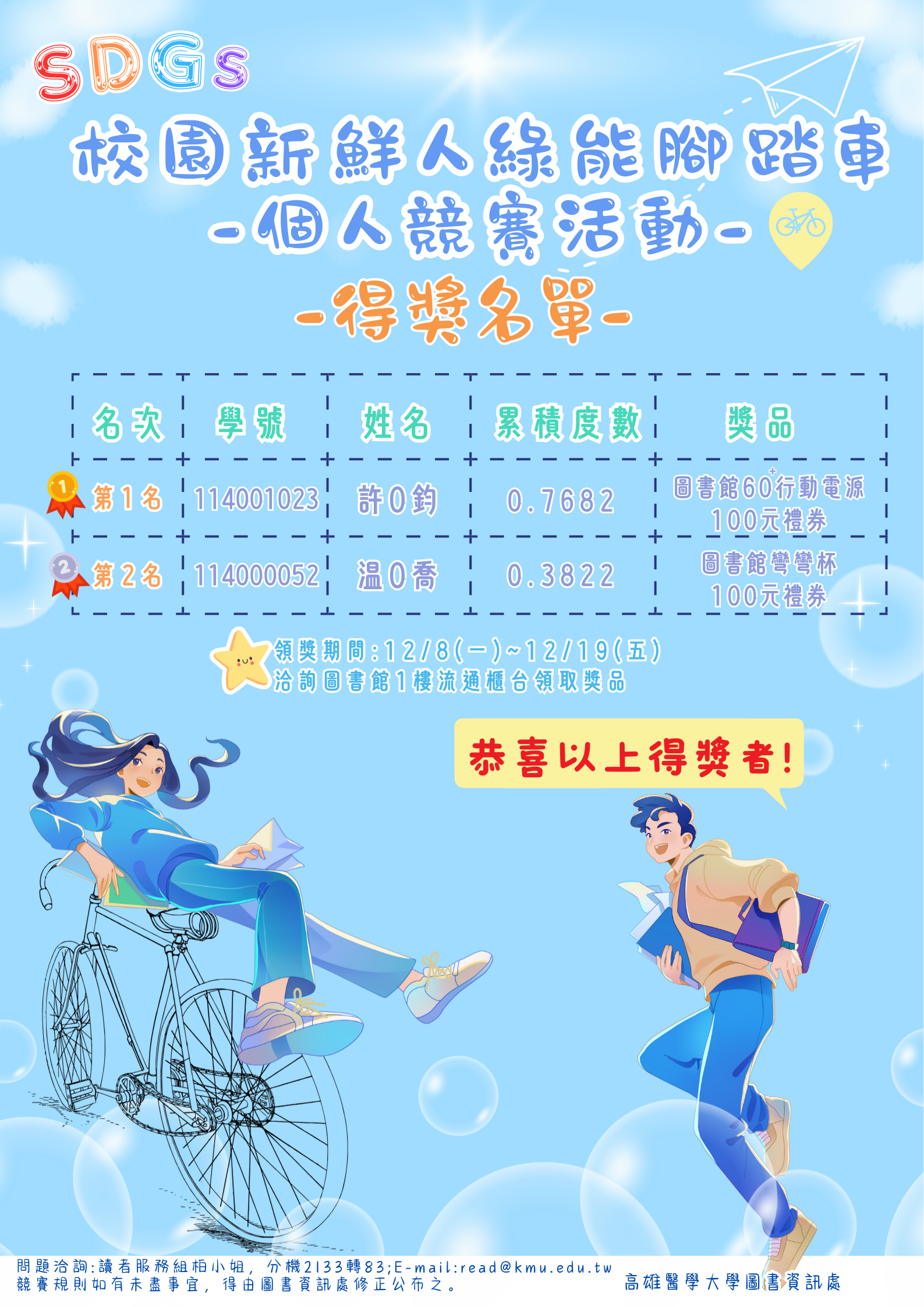 114年校園新鮮人綠能腳踏車 直 得獎名單